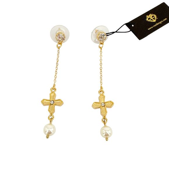 VIRGINS SAINTS & ANGELS VSA Peace Cross Pearl Drop Post Earrings in Gold - Picture 6 of 8